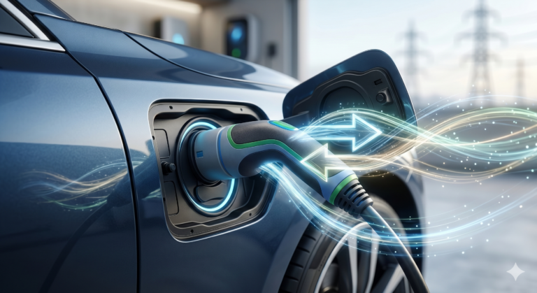 E-Auto wird gerade geladen und es fließt Strom in beide richtungen: von der Wallbox zum Auto & umgekehrt